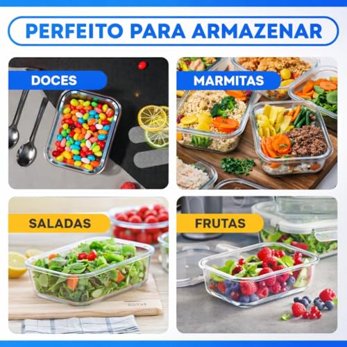 Kit 10 Potes de Vidro Hermético 640ml com Travas – Borossilicato Resistente, Tampa com Vedação em Silicone, BPA Free, Vai ao Microondas, Forno, Freezer e Lava-louças – Marmitas Saudáveis