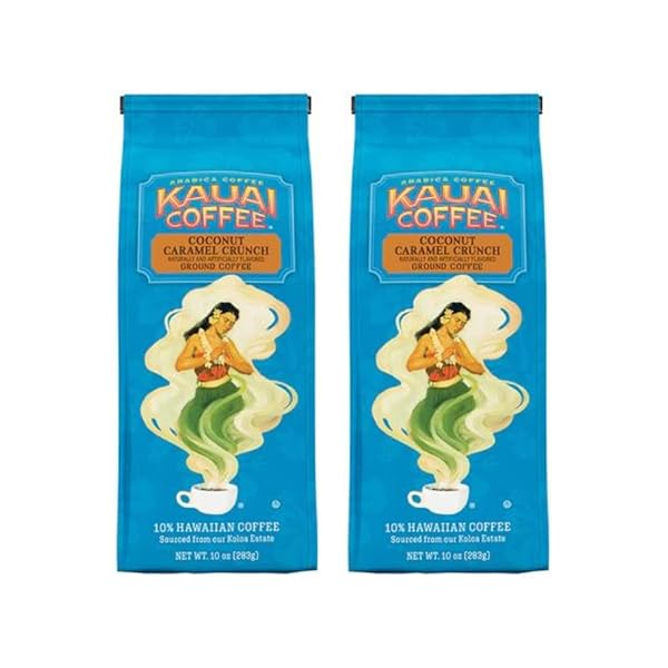 KAUAI HAWAIIAN GROUND COFFEE, COCONUT CARAMEL CRUNCH FLAVOR – 10% HAWAIIAN COFFEE FROM HAWAII’S LARGEST COFFEE GROWER – BOLD, RICH BLEND 10 OUNCE (PACK OF 2)