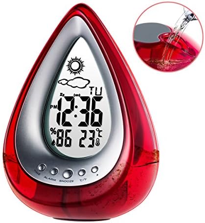 Alarm Clock Water Power Weather Station, Poscoverge Eco-Friendly Hydrodynamic Water Powered Digital Clock, Time Display and Temperature Measurement for Office Living Room Bedroom (Red)