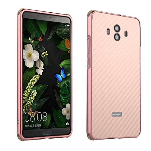 Huawei Mate 10 Case, ZLDECO Stylish Shockproof Metal Frame + Detachable Carbon Fiber Pattern Back Cover With Tempered Glass Screen Protector Protective for Huawei Mate10 (5.9") (Rose Gold)