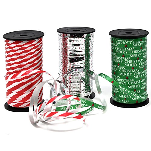 Christmas Curling Ribbon Pack of 3 Rolls Green, Red & White Stripes, and Metallic Silver; Holiday Party Crafts Supplies Decorations- 100 Yards Per Roll - Total of 900 Feet; by Gift Boutique