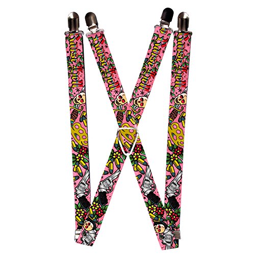 Skull Brass Knuckles Bullets Flowers Collage Suspenders