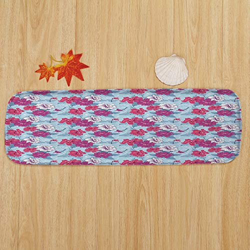 SoSung Floral Coral Fleece Stair Treads,Stair Tread Mats,Damask Flourish Lively Blooms and Leaves with Little White Butterflies Decorative,(Set of 5) 8.6"x27.5"Fuchsia Coral Pale Blue