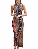 eshion Women Backless Beach Maxi Floral Print Bodycon Casual Long Dress Boho Halterneck