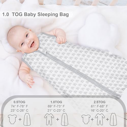 HQ-QILI BABY SLEEP SACK, 100% COTTON SUPER SOFT BREATHABLE SUMMER SLEEVELESS WEARABLE BLANKET, SLEEVELESS SLEEPING BAG FOR BOYS AND GIRLS, 0.5 TOG, 6-12 MONTHS, GREY RAINBOW