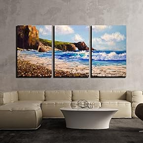 3 Piece Canvas Wall Art - Oil Painting on Canvas, Sea Landscape with Seagull - Modern Home Art Stretched and Framed Ready to Hang - 16"x24"x3 Panels