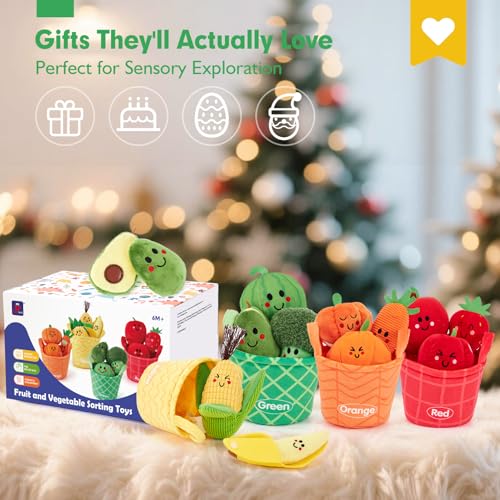 hahaland Baby Sensory Toys - 16 PCS My First Fruit Vegetable Color Sorting Play Food Crinkle, Rattle, Baby Toys 6-12 Months Montessori Toys for 1 Year Old Boy Girl Gifts 6 9 Month Old Toy One Year Old