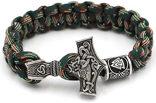 Mjolnir Norse Viking Thor's Hammer Paracord Bracelet with Valknut Pagan Amulet Vegvisir Compass Beads Knot Amulet Scandinavian Bracelet