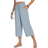 Anyhold Women's Capri Pants Drawstring Casual Palazzo Trousers with Pockets Loose High Waisted Wide Leg Lounge Pants