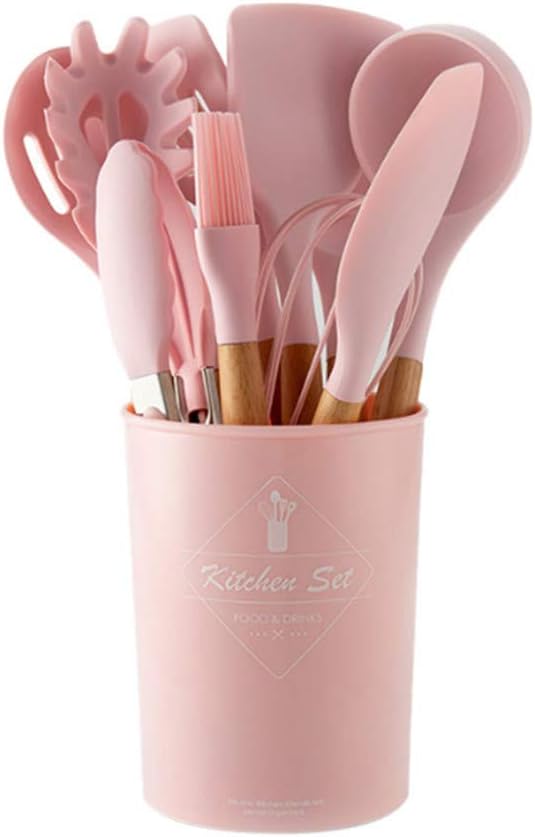 12pcs Cooking Tools Set Premium Silicone Kitchen Cooking Utensils Set With Storage Box Turner Tongs Spatula Soup Spoon (Pink, 12 Pcs)