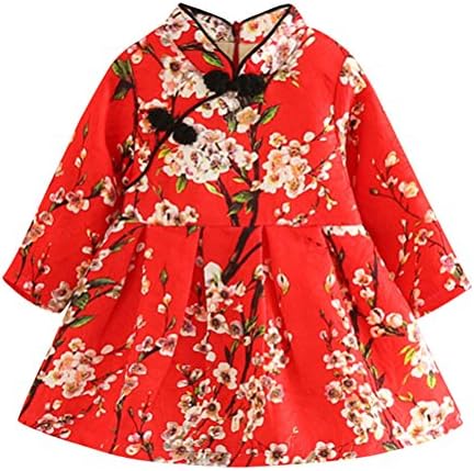 SPRMAG Baby Girl Flower Print Chinese Qipao Cheongsam Dress Festival 2T Red