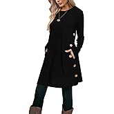 Poetsky Women Long Sleeve Tunic Tops to Wear with Leggings Side Buttons Long Shirts Rib Sweater Dress with Pockets S-3XL