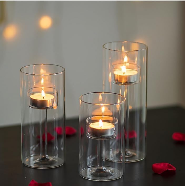 Romadedi Hurricane Glass Candle Holder - 3 Pcs Clear Tealight Candle Holders Creative Candle Stand for Table Centerpiece Christmas Party Dining Festive Table Home Decor Living Room Decoration