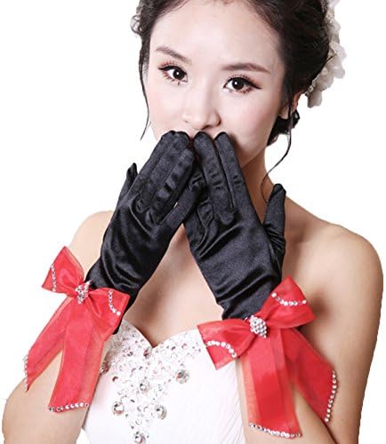FloYoung 2016 Short Wedding Bridal Finger Elastic Satin Gloves with Bow Black
