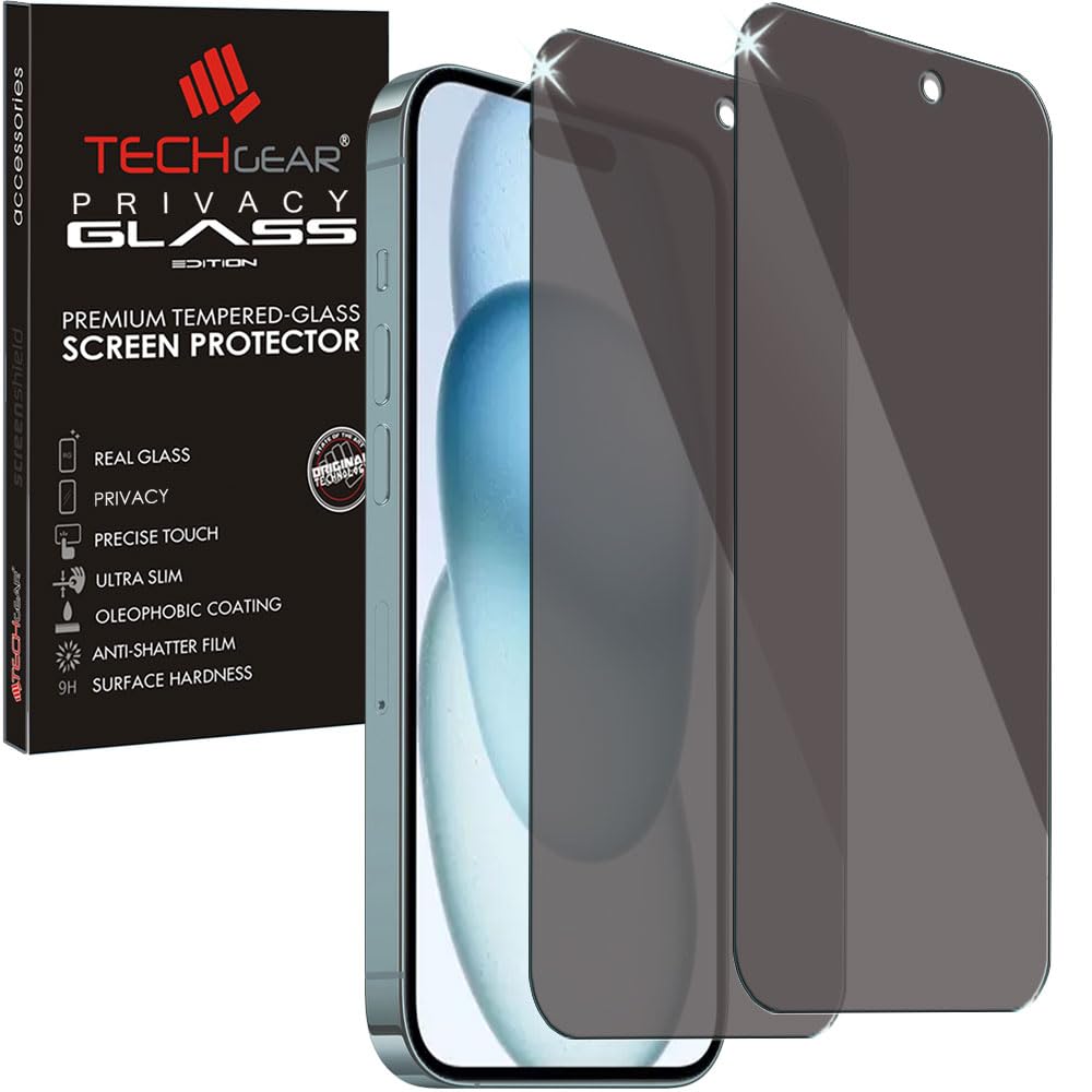 TECHGEAR [2 Pack] Anti Spy Screen Protector for iPhone 15 - PRIVACY Filter GLASS Edition Genuine Tempered Glass Screen Protector Guard Cover Compatible with iPhone 15 6.1"