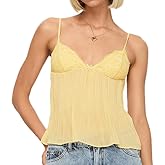 Women Y2k Babydoll Tank Tops Lace Trim V Neck Crop Cami Spaghetti Strap Peplum Top Summer Cute Aesthetic Flowy Shirts