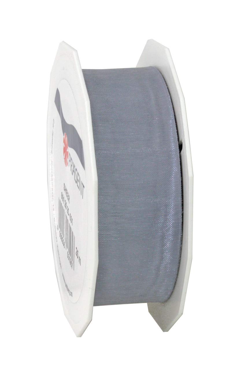 PRÄSENT Organza Ribbon, Polyester, Sterling Silver, 25mm-25m