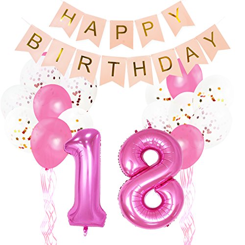 KUNGYO 18th Birthday Party Decorations - â€œHappy Birthdayâ€ Bunting Banner, Number â€œ18â€ Aluminum Foil Balloons, Gold Rose Confetti Balloons, Decorative Ribbons, Pink Latex Balloons (32 Pcs)