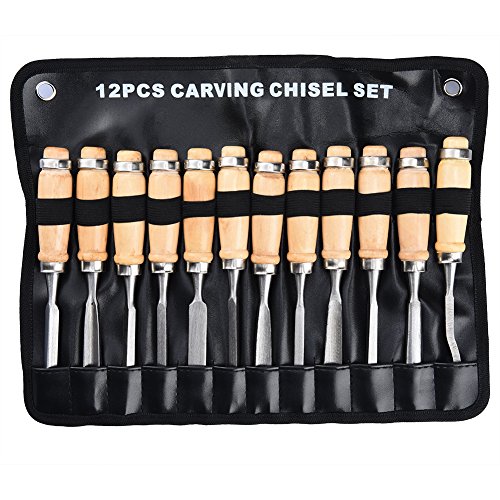 TOOLTOO Wood Carving Knife Chisel Tools Kit â€“ Carbon Steel Blade Wood Handle Storage Bag Professional Wood Craving Work, Set Of 12