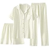 codcm Womens Cotton Pajama Sets Plaid Short Sleeve Button Down Sleepwear Ankle Pants 3 Piece Gingham Pj Set