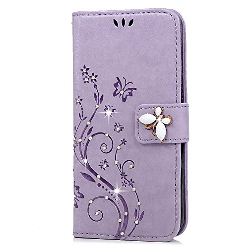 Galaxy S7 Case, Mavis's Diary 3D Handmade Embossed Wallet Bling Diamonds Butterfly Flowers PU Leather Magnetic Flip Folio Protective Shockproof Cover Card Holders - Purple