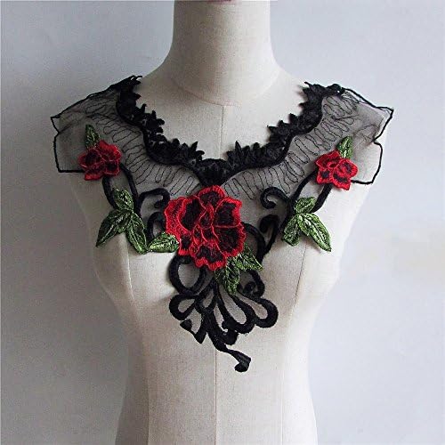BeadsTreasure Red Rose Flowers Collar Craft Floral Embroidered Applique Trim Decorated Lace Neckline.