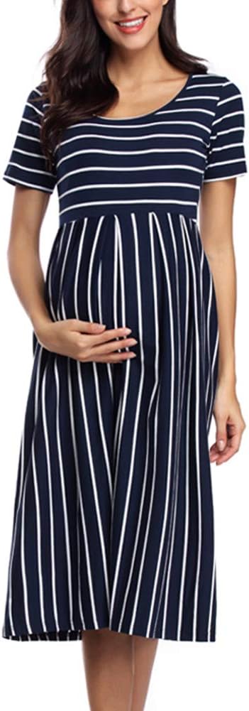 BBHoping Women’s Casual Striped Maternity Dress Short&3/4 Sleeve Knee Length Pregnancy Clothes for Baby Shower (M, A-Navy White Stripe)