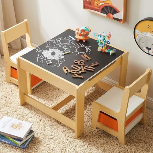 AM ANNA Kids Table and Chair Set, 3 in 1 Wooden Activity Table with Storage Drawer for Toddlers Drawing, Playroom,Reading, Crafts, 2 in 1 Detachable Tabletop Table Set for Nursery, Playroom (Beige)