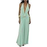 Milumia Women's Sexy Deep V Neck Halter Mesh Dress Tie Backless Long Cocktail Dresses