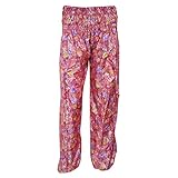 Women Yoga Harem Pant Smocked Waist Pink Floral Print Hippie Boho Chic Pants