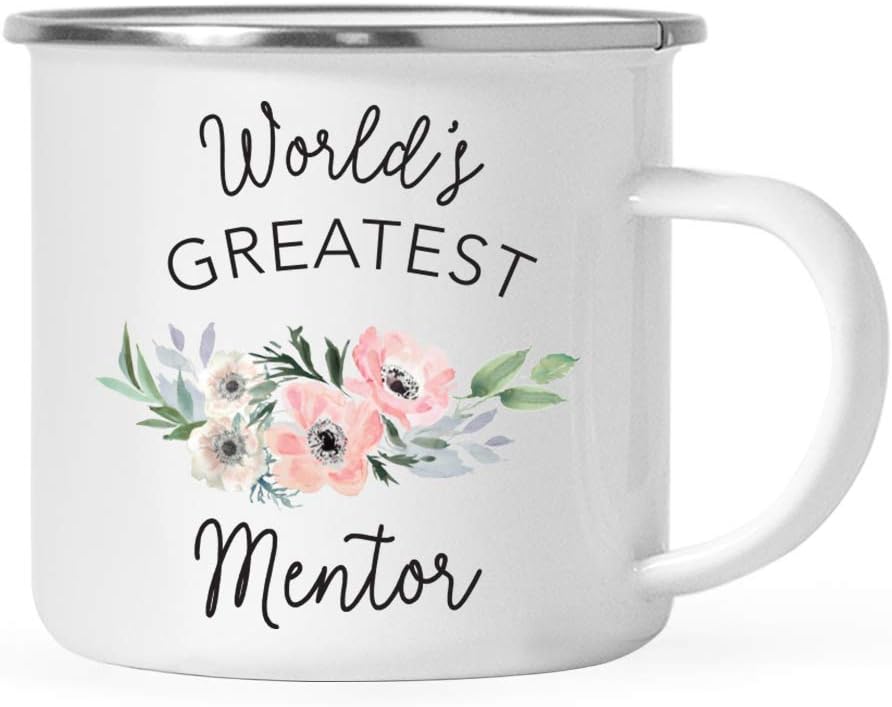 Andaz Press 11oz. Stainless Steel Campfire Coffee Mug Gift for Women, World's Greatest Mentor Mug, Bohemian Pink Anemone Floral Flower, 1-Pack, Enamel Camping Drinking Cup Birthday Christmas