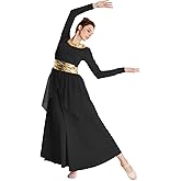 HIHCBF Women Long Sleeve Praise Dance Dress Liturgical Metallic Waistband Wide Swing Chiffon Skirt Worship Lyrical Costume