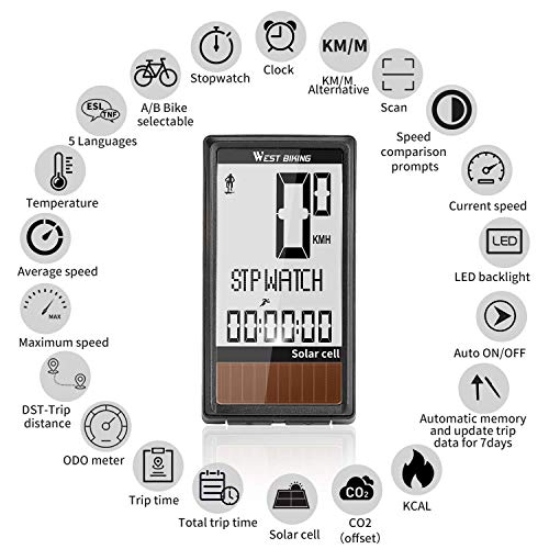 Newace Bike Computer Wireless IPX7 Waterproof Bicycle Speedometer Multi-Functional Odometer with Solar Energy Panel, Large Display and Backlight, Auto On/Off, Bike A/B Selection