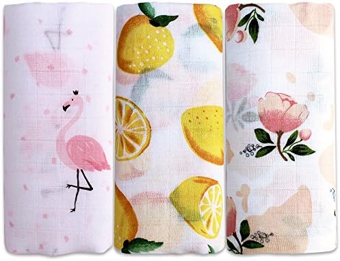 Aimotec Muslin Swaddle Blanket 47 X 47 Inch Soft Bamboo Fabric Baby Swaddle Blanket Flamingo/Flower/Orange - Unisex, Set of 3