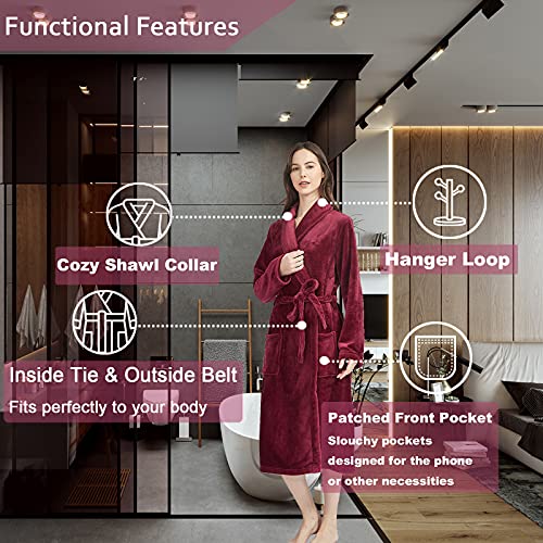 neilgo Womens Robe Plush Long Sleeve Shawl Collar Fleece Bathrobe with Pockets (Wine Red)