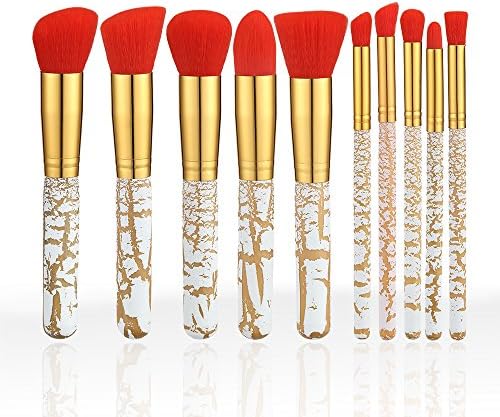 Premium 10 Makeup Brush Set Kit,Professional Woman Cosmetics Basic 10 Pieces Travel Beauty Brushes,Angled Flat,Contour,Eyeliner,Shadow,Blending Concealer,Black up Powder and Foundation(Golden White)