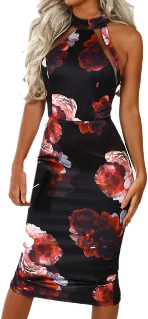 Bodycon Midi Dress Women Off Shouder Blooming Babe Floral Dip Hem Evening Dress Red