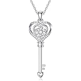 ZBA Natural Diamond Key Necklace for Women 18K Gold Plated Sterling Silver Key Pendant Love Heart Necklace Fine Jewelry Christmas Gifts for Her Wife(Color F-G/Clarity I1-I2)