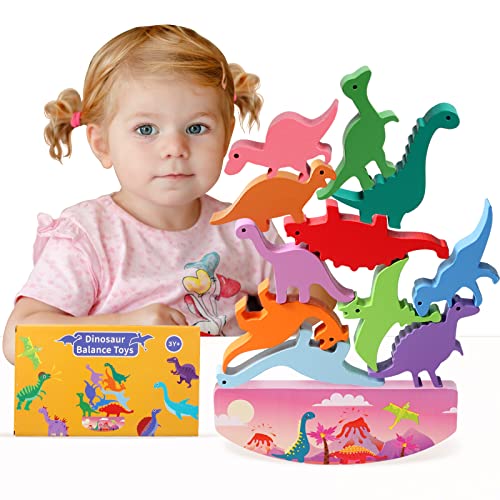 EAIMi New 12 Pieces Wooden Stacking Dinosaur Toys 3 Years Old