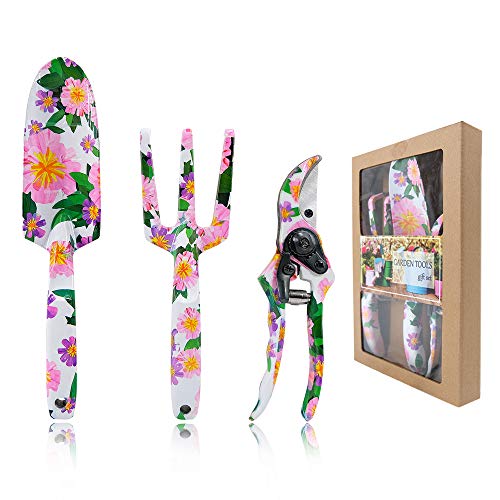 Hortem 3PCS Floral Gardening Tools for Women, Heavy Duty Aluminum Garden Tool Set with Beautiful Printing and Ergonomic Design Handles, Best Garden Gifts for Mom and Lady