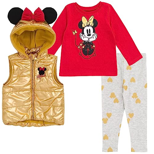 Disney Minnie Mouse Zip Up Vest Puffer T-Shirt and Leggings 3 Piece Outfit Set Infant to Big Kid