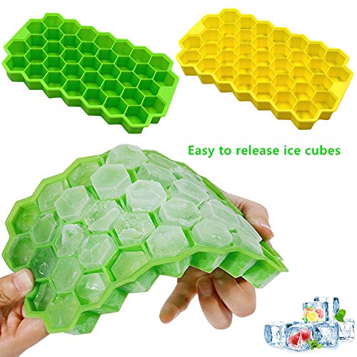 3 Pack Ice Cube Trays, Silicone Honeycomb Shape Ice Cube Molds wih Lids Make 111 Ice Cube for Whiskey, Cocktail, Stackable Flexible, BPA Free (Purple+Yellow+Green)
