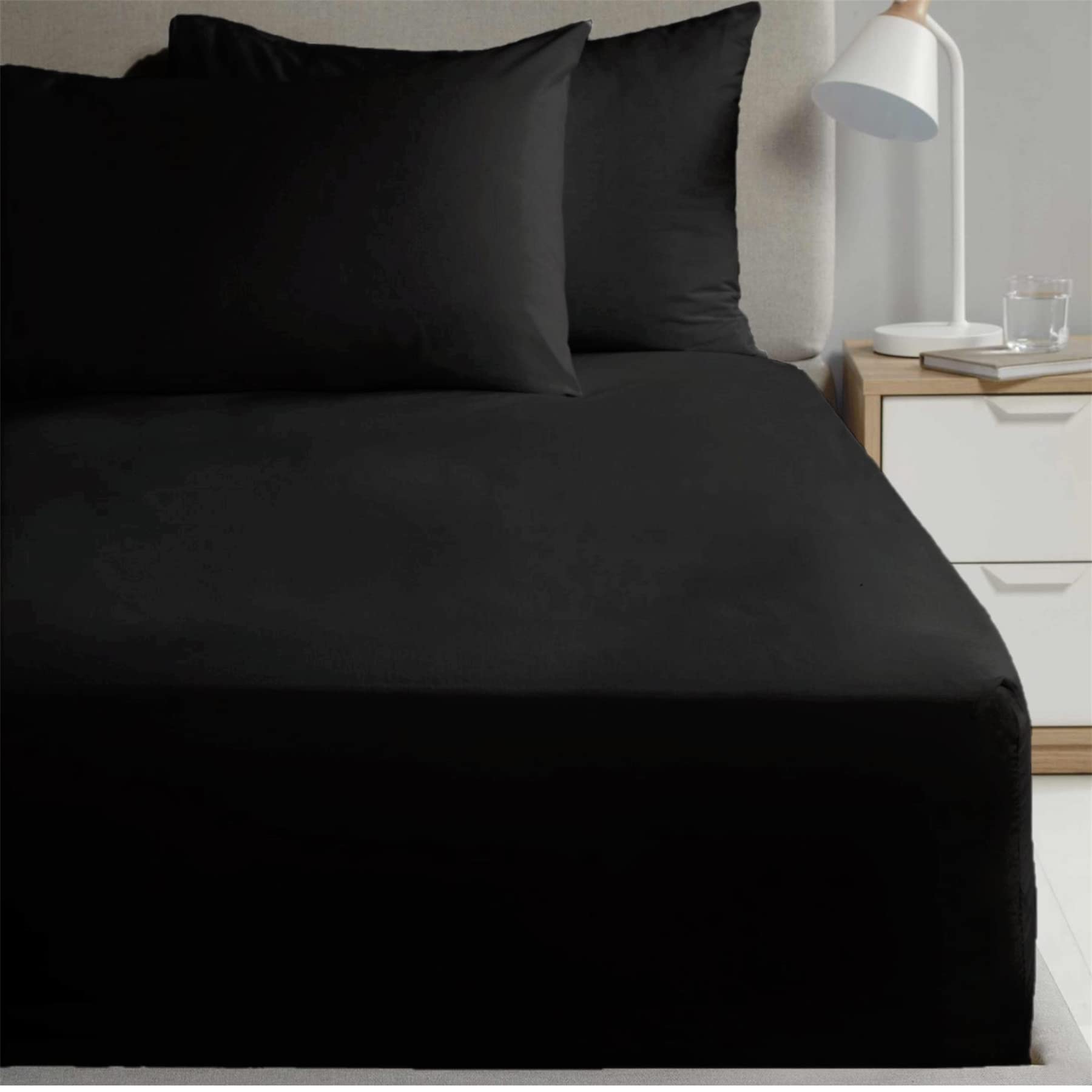Homespace Direct 180 Thread Count Percale Flat Sheet Soft Bedding Black Single Suitable for Deep Mattresses