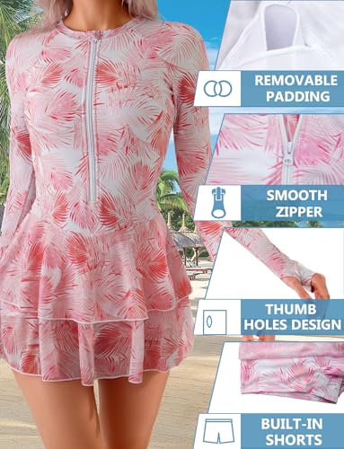 SEAUR Women Long Sleeve One Piece Skirted Swimsuit Zip Up Rash Guard Printed Modest Bathing Suits Ladies Padded Quick Drying Swimming Dress with Built in Shorts