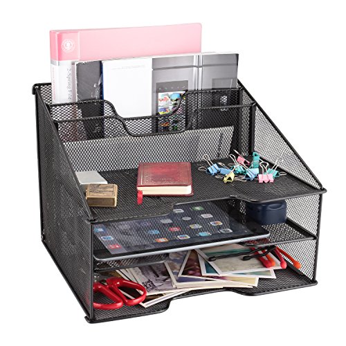 Samstar Mesh Desk File Organizer Letter Tray Holder, Desktop File Holder with 3 Paper Trays and 2 Vertical Upright Section, Black