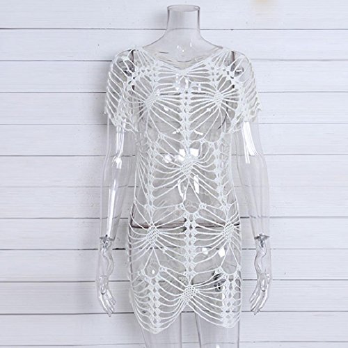 ShenPr Women Bathing Openwork Irregular Skull Net Crochet Smock Bikini Swimwear Beach Cover Up (White, XL)