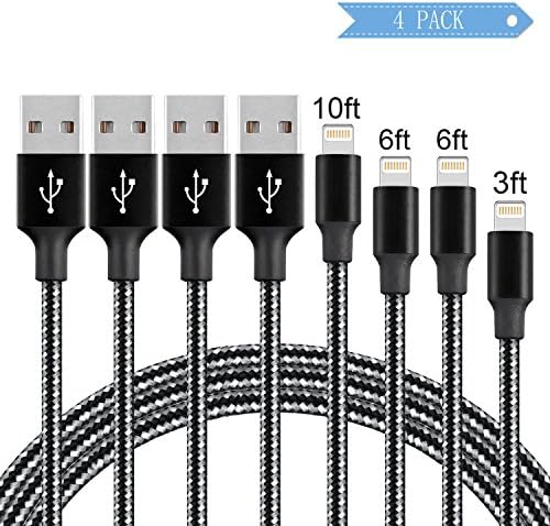 ICFPWR Lightning Cable, iPhone Cable 4PACK 10FT 6FT 6FT 3FT to USB Syncing and Charging Cable Data Nylon Braided Cord Charger for iPhone 8/8 Plus7/7 Plus/6/6 Plus/6s/6s Plus and more [Black White]