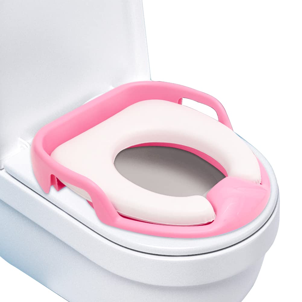 EUBSWA Children's Toilet Seat Potty Training Universal Toilet Seat Toilet Trainer Toilet Training Seat with Soft Cushion Safety Handles for Boys and Girls from 1-7 Years (Pink)