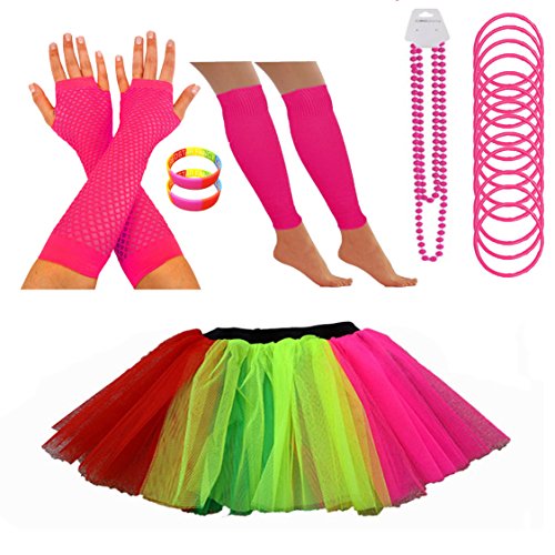 REDSTAR Neon Tutu Skirt Leg Warmers Fishnet Gloves Necklace Beads Gummy Bracelets and Neon Wrist Bands (10-18 US, Rainbow)