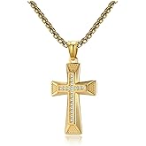 Aprila Cross Necklace for Men,Stainless Steel Silver/Gold/Black Crucifix Cubic Zirconia Pendant Necklace Jewelry,60cm Rolo Chain